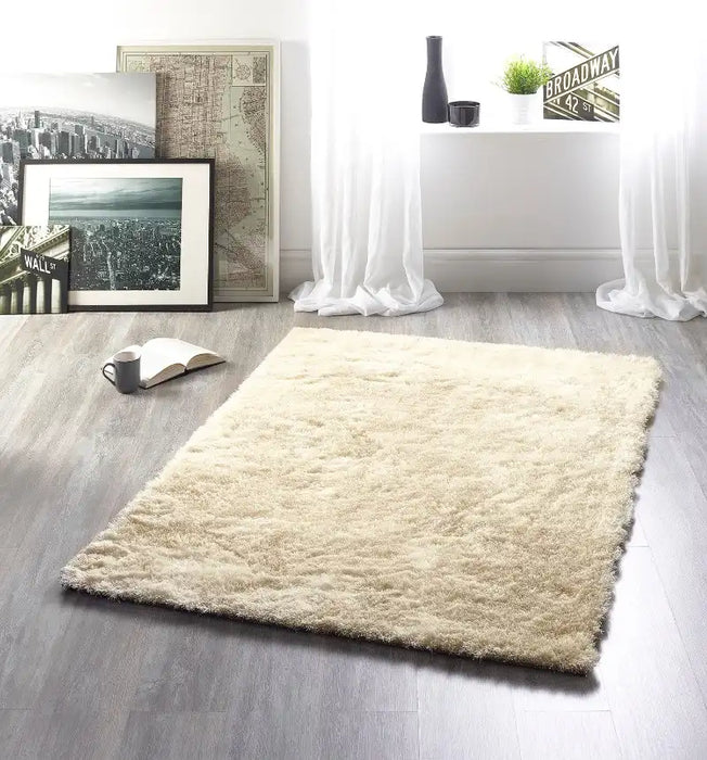 Origins shimmer champagne Beige, Ivory Living Room Shaggy Rug.