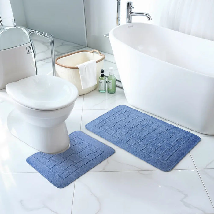 TEGAN Piece Machine Washable Non-Slip Blue Bathroom Rug Set Blue