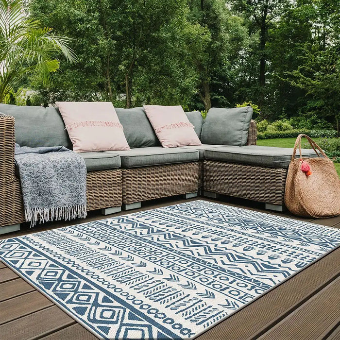 Likewise Matting duo weave indoor outdoor tribal ocean Blue Outdoor Flat Weave Rug.