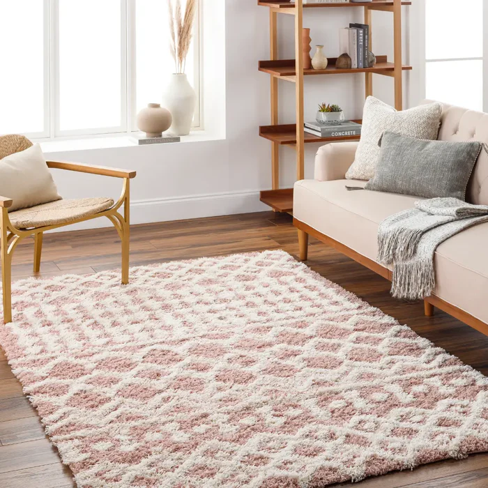 NOUR Shaggy Geometric Plush Pile Peach Rug