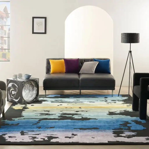 Nourison prismatic prs23 black multi Black, Multicoloured Living Room Wool Rug.