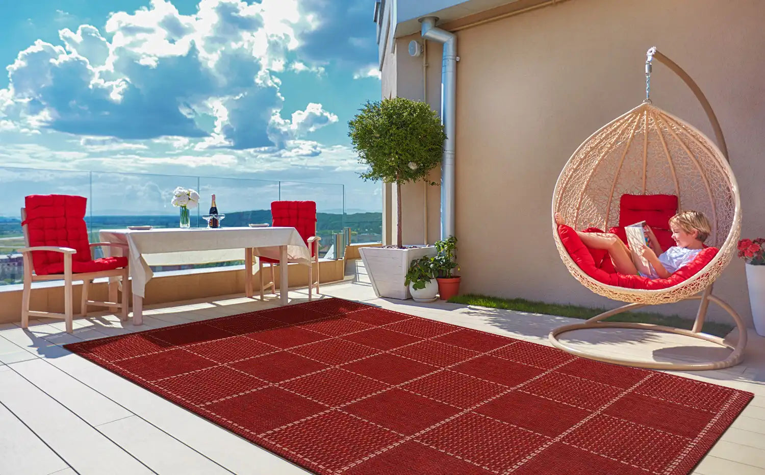 Checked Flatweave Red Rug