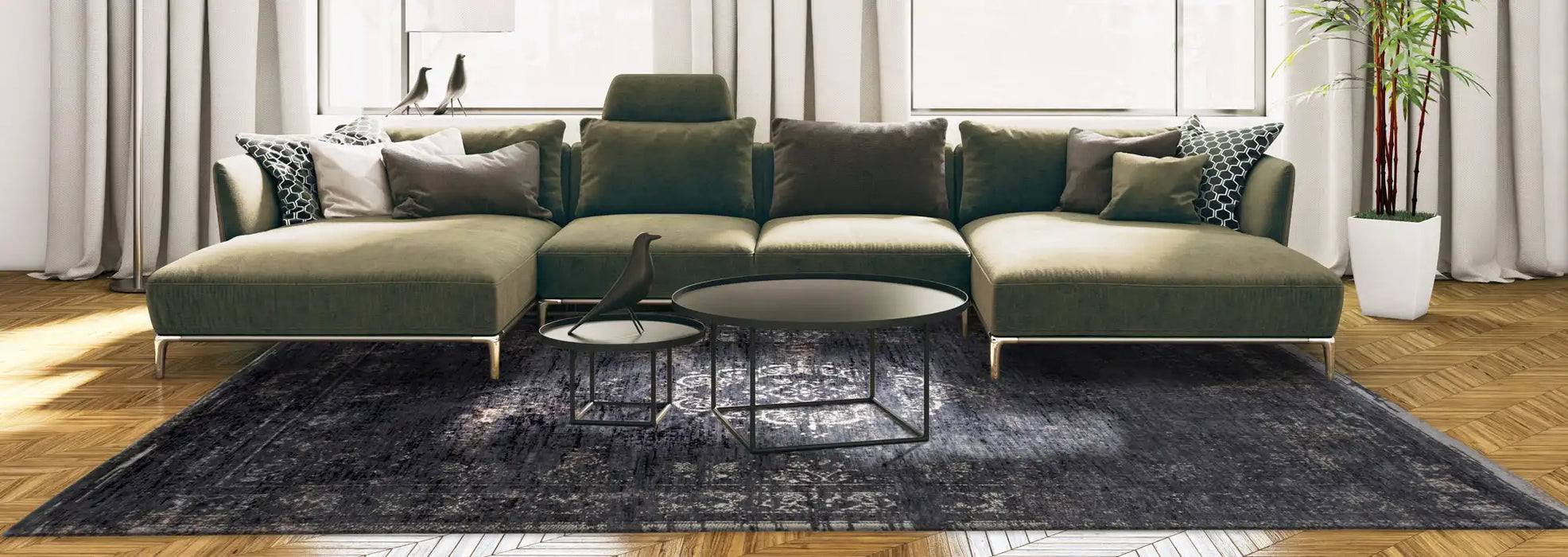 Louis de Poortere fading world medallion 8263 mineral black Black Living Room Flat Weave Rug.