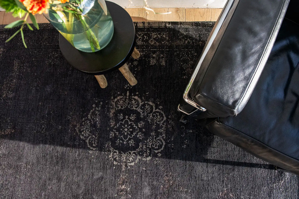 Louis de Poortere fading world medallion 8263 mineral black Black Living Room Flat Weave Rug.