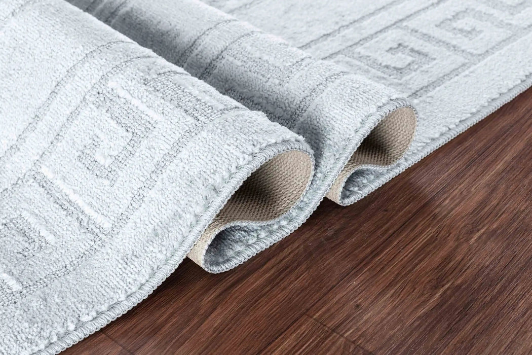Serdim Rugs washable 9mm gel back greek key silver Grey Living Room Geometric Rug.