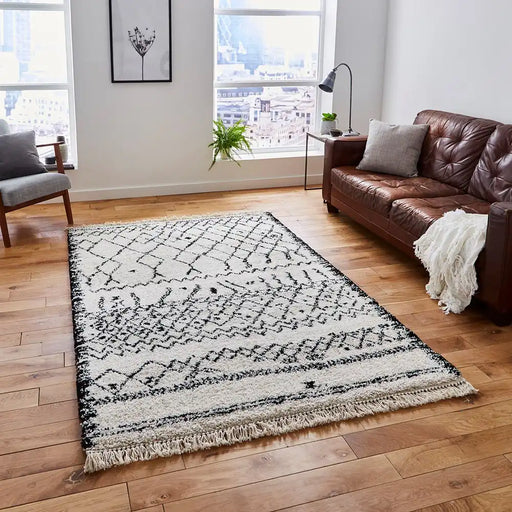 Think Rugs boho 5402 black grey white Grey, Black, Ivory Living Room Geometric Rug.