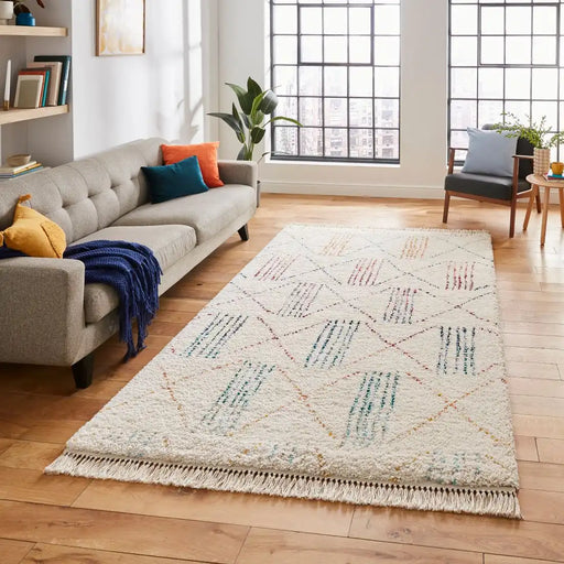 Think Rugs boho a814 multi Ivory, Multicoloured Living Room Geometric Rug.
