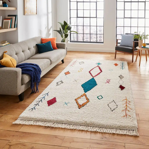 Think Rugs boho a859 multi Ivory, Multicoloured Living Room Geometric Rug.