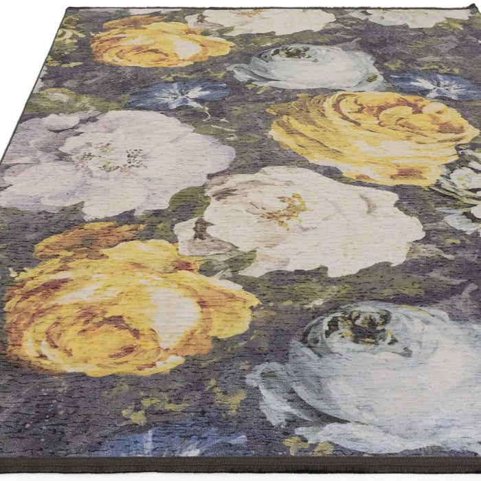 Clarke & Clarke floretta mineral charcoal Multicoloured Living Room Floral Rug.