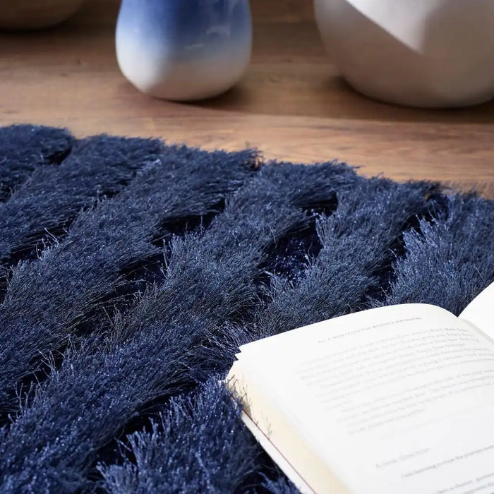 Origins carved glamour navy Blue, Navy Living Room Shaggy Rug.