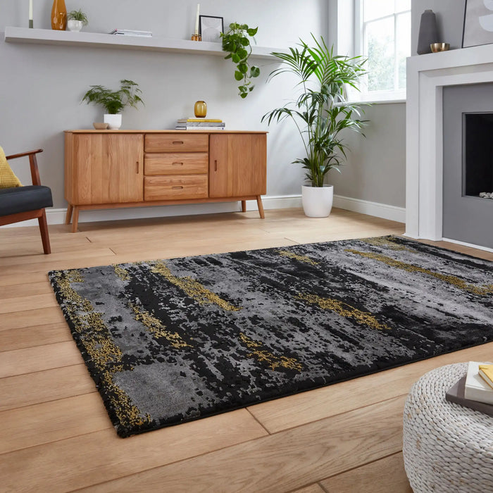 Think Rugs craft 19788 black gold Yellow, Black Living Room Geometric Rug.