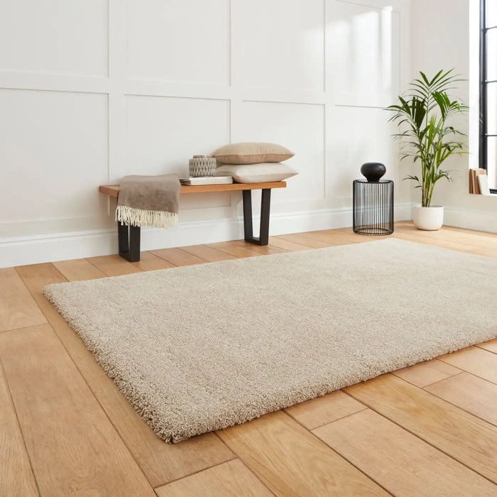 Think Rugs deluxe beige Beige Living Room Shaggy Rug.