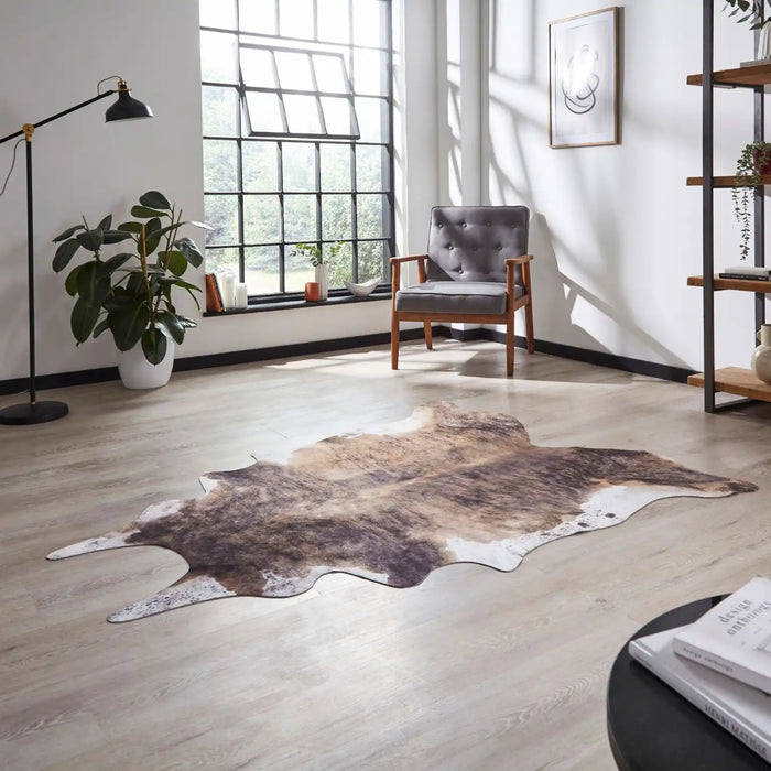 Think Rugs faux animal print cow print brown and white Brown, Ivory Living Room  Rug.