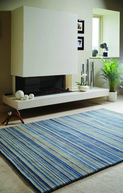Origins fine stripe blue beige Blue Living Room Wool Rug.