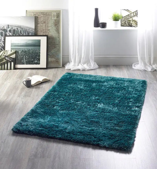 Origins shimmer teal Blue, Green, Teal Living Room Shaggy Rug.