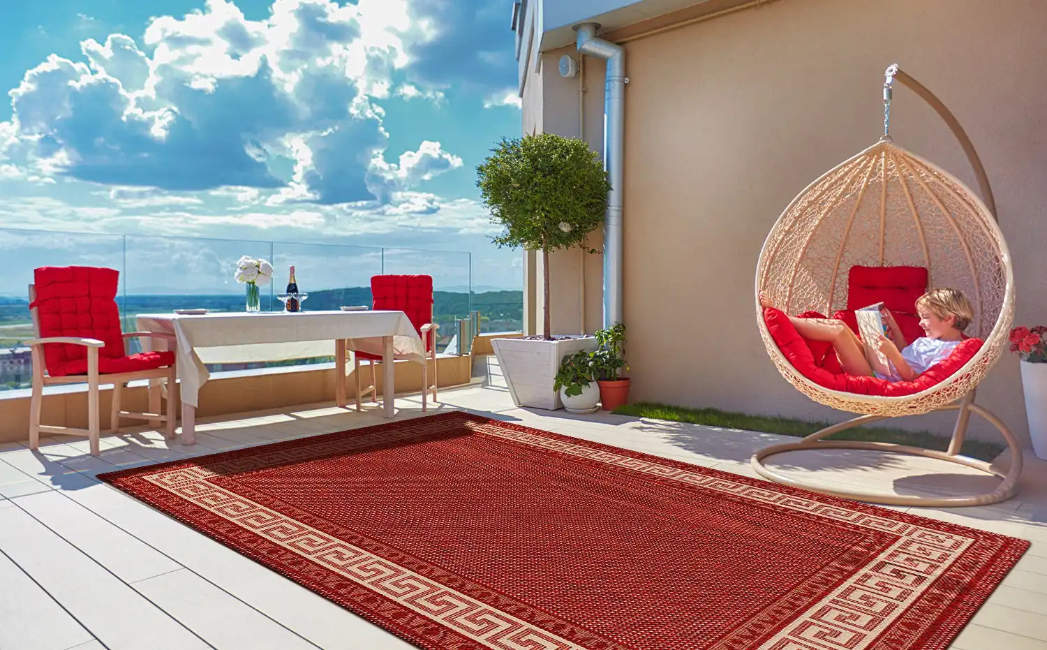 Greek Key Flatweave Red Rug