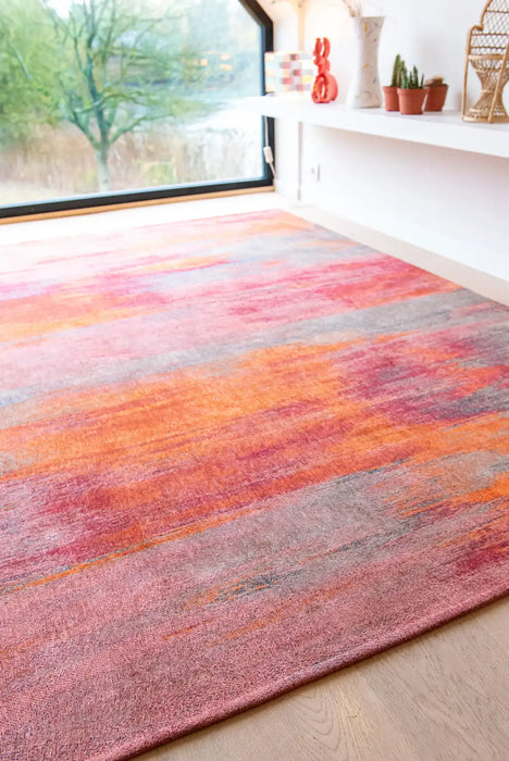 Louis de Poortere atlantic monetti 9116 hibiscus red Multicoloured, Orange, Red Living Room Flat Weave Rug.