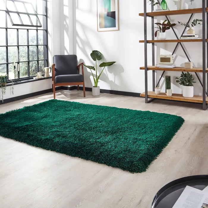 Think Rugs montana jewel green Green Living Room Shaggy Rug.