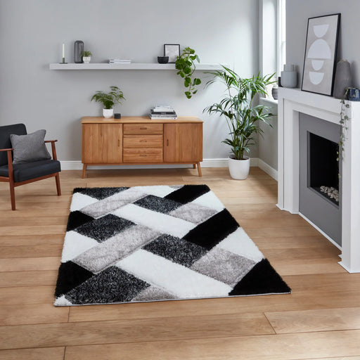 Think Rugs olympia 2239 black white Black, Ivory Living Room Shaggy Rug.