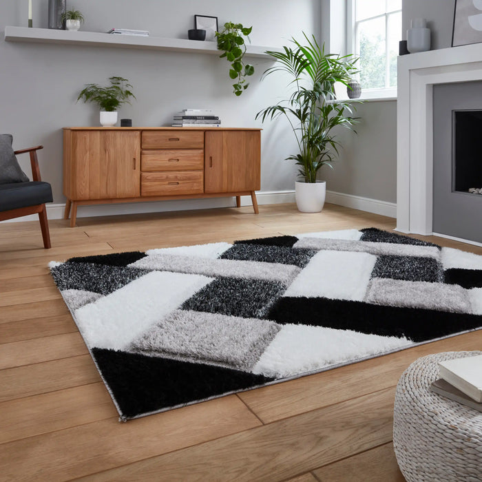 Think Rugs olympia 2239 black white Black, Ivory Living Room Shaggy Rug.