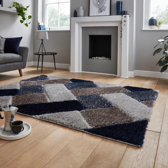 Think Rugs olympia 2239 grey navy Grey, Navy Living Room Shaggy Rug.