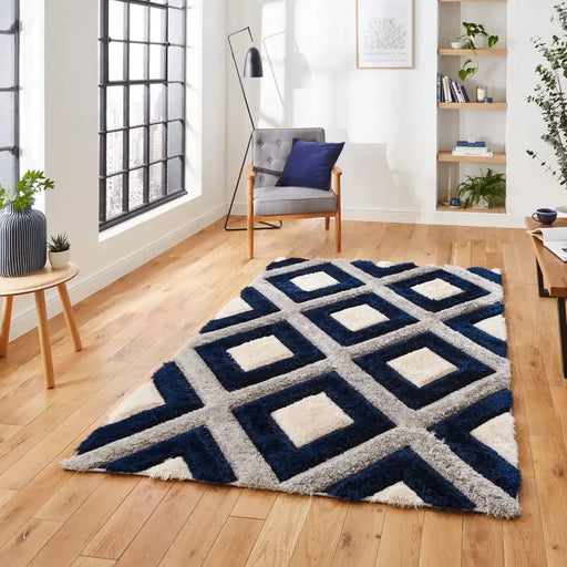 Think Rugs olympia gr224 grey navy Blue, Grey, Navy Living Room Shaggy Rug.
