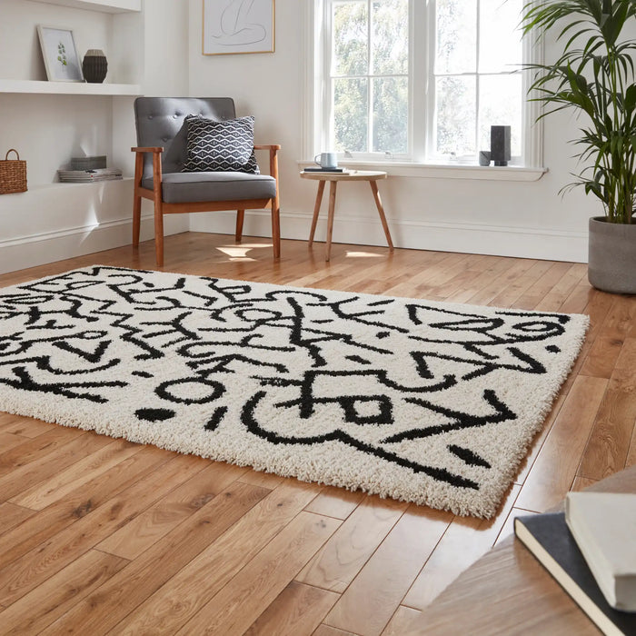 Think Rugs royal nomadic a637 white black Black, Ivory Living Room Shaggy Rug.