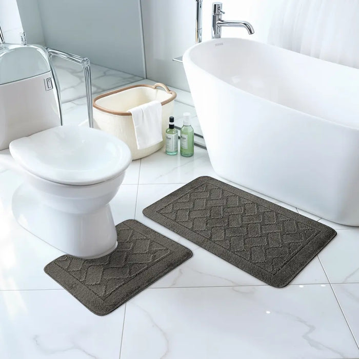 NILAH Piece Machine Washable Non-Slip Dark Grey Bathroom Rug Set Grey