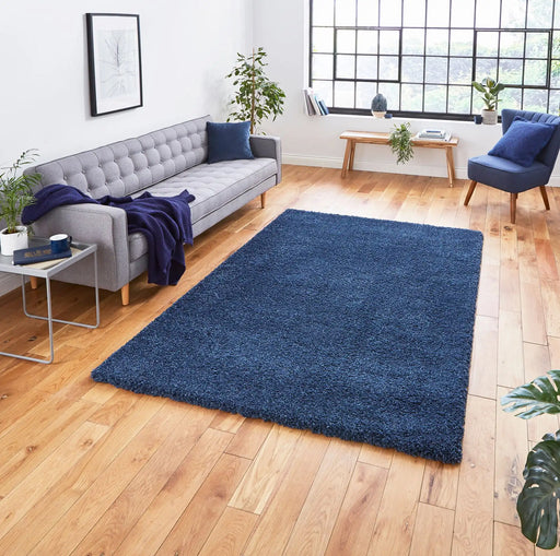 Think Rugs sierra 9000 dark blue Blue Living Room Shaggy Rug.