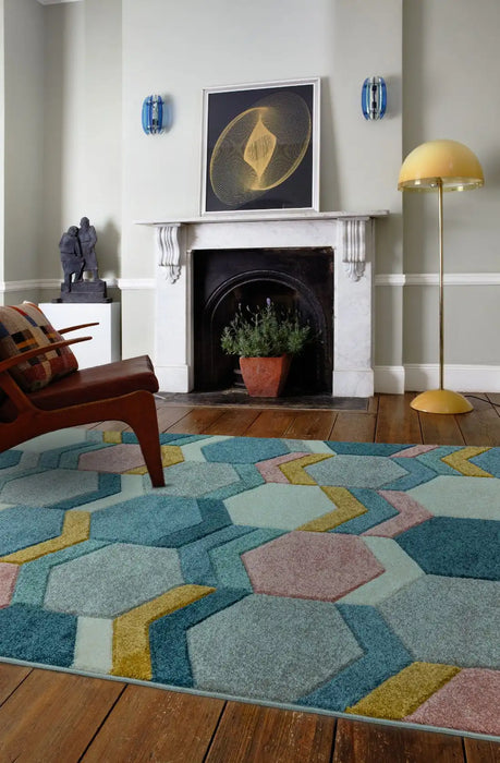 Asiatic sketch sk10 hexagon multi Blue, Multicoloured Living Room  Rug.