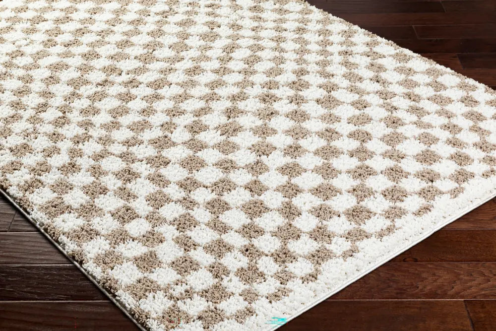 KITTU Shaggy Modern Plush Pile Light Brown Checkered Rug