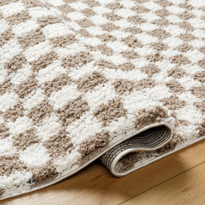KITTU Shaggy Modern Plush Pile Light Brown Checkered Rug