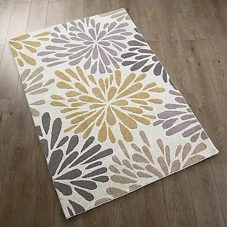 Origins cabone flower burst ochre grey Grey, Yellow Living Room Wool Rug.