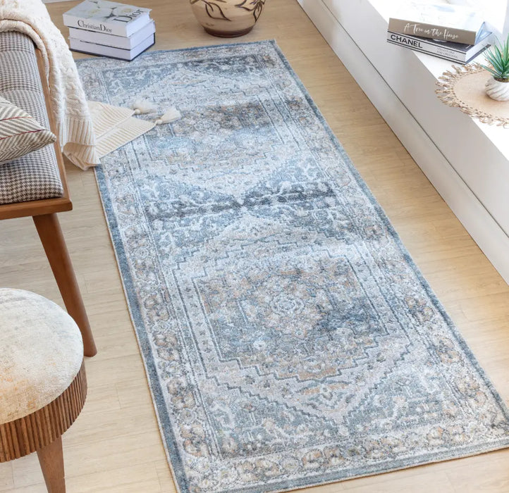 JENNIFER Machine Washable Traditional Boho Navy Blue Rug
