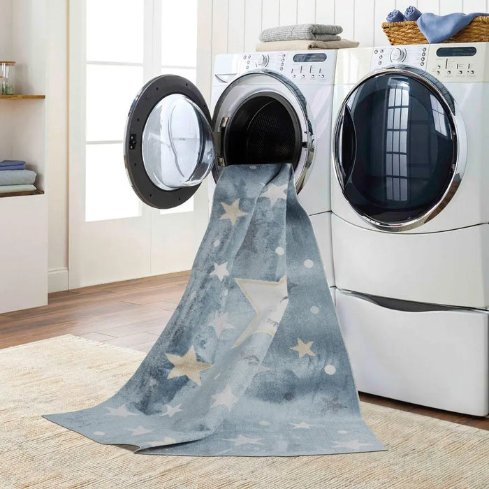 SUPERMAMA Kids Machine Washable Blue/Beige Bedroom Rug Multicolour