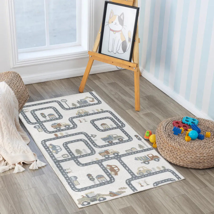 VROOMVILLE Kids Machine Washable Beige/Grey Bedroom Rug Beige