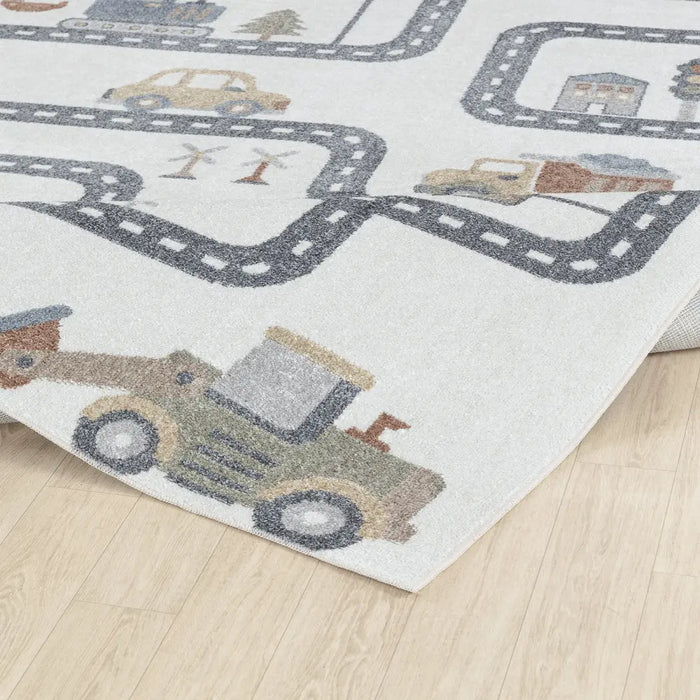 VROOMVILLE Kids Machine Washable Beige/Grey Bedroom Rug Beige