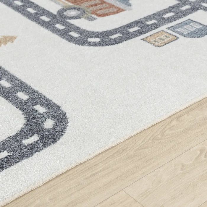 VROOMVILLE Kids Machine Washable Beige/Grey Bedroom Rug Beige