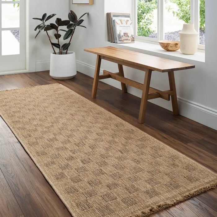 TORI In- & Outdoor Cottage Jute-Look Light Brown Checkered Rug