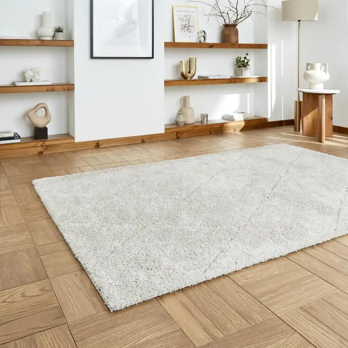 Think Rugs ideal shaggy 80260 silver Grey Living Room Geometric Rug.