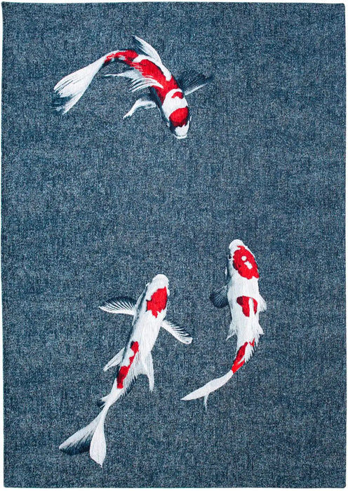 Louis de Poortere pop by louis 9390 koi japanese pond Blue, Multicoloured Living Room Flat Weave Rug.