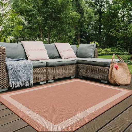 Likewise Matting duo weave indoor outdoor border rust Orange Outdoor  Flat Weave Rug.