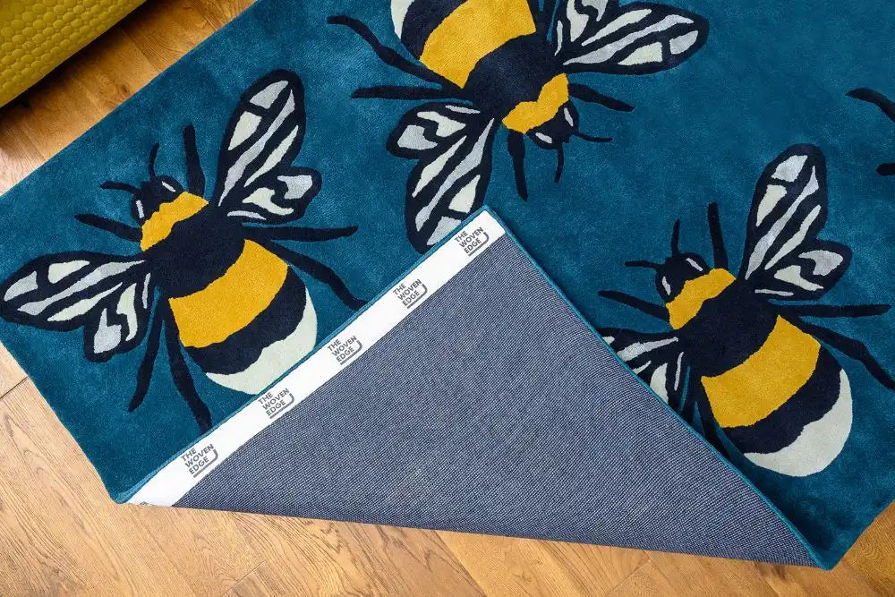 Woven Edge natural world bumble bee Blue, Green, Yellow, Multicoloured Living Room Wool Rug.