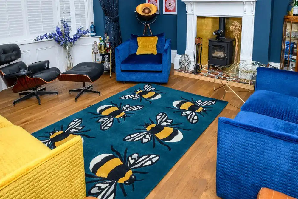 Woven Edge natural world bumble bee Blue, Green, Yellow, Multicoloured Living Room Wool Rug.
