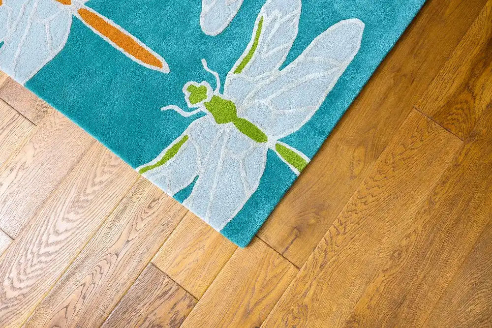 Woven Edge natural world dragon fly Blue, Ivory, Multicoloured Living Room Wool Rug.