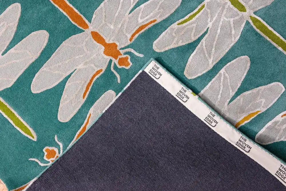 Woven Edge natural world dragon fly Blue, Ivory, Multicoloured Living Room Wool Rug.