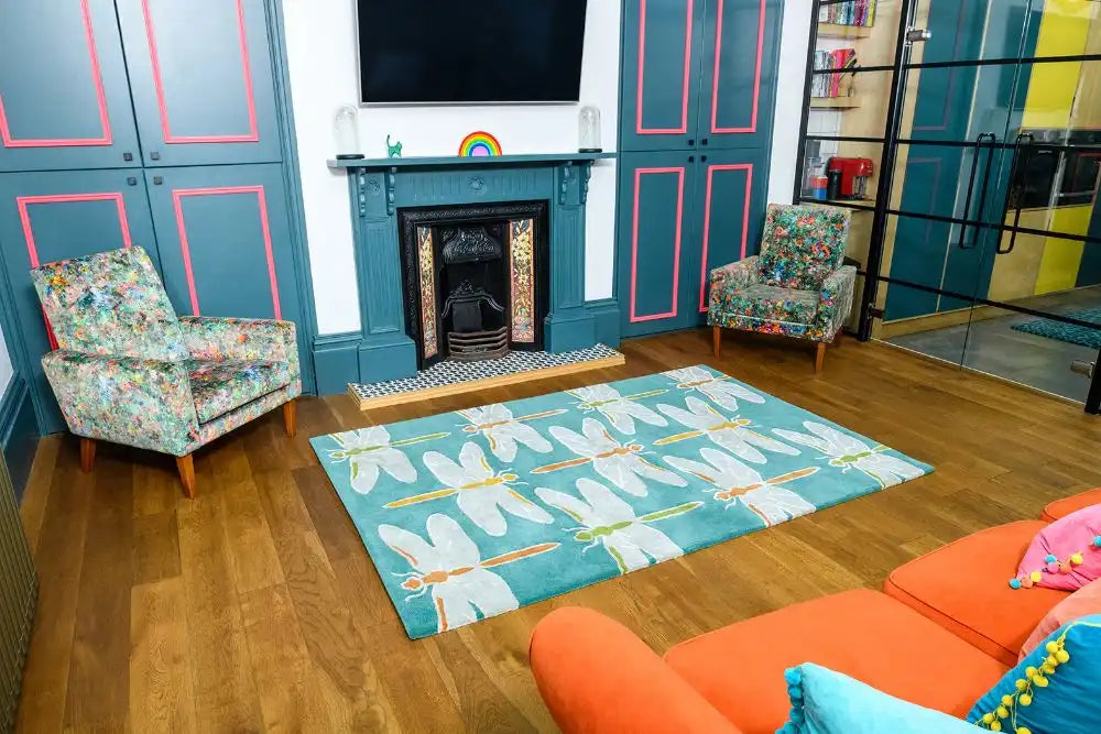 Woven Edge natural world dragon fly Blue, Ivory, Multicoloured Living Room Wool Rug.