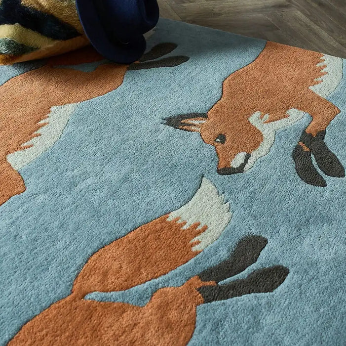 Woven Edge natural world fox Blue, Grey, Multicoloured, Orange Living Room Wool Rug.