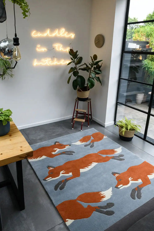 Woven Edge natural world fox Blue, Grey, Multicoloured, Orange Living Room Wool Rug.