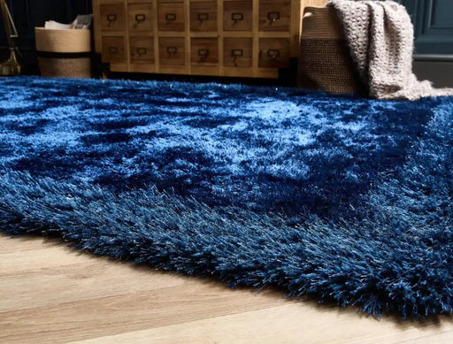 Origins shimmer border indigo Blue Living Room Shaggy Rug.
